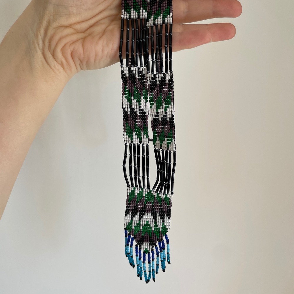Handmade Beaded Loom Necklace Geometric Fringe Boho, From Mexico